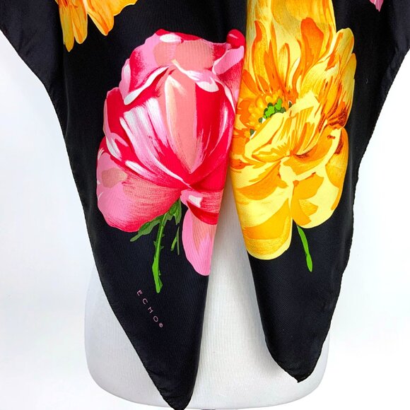ECHO Large Square Silk Scarf Rose Blossons on Black Background 35" - Picture 16 of 16